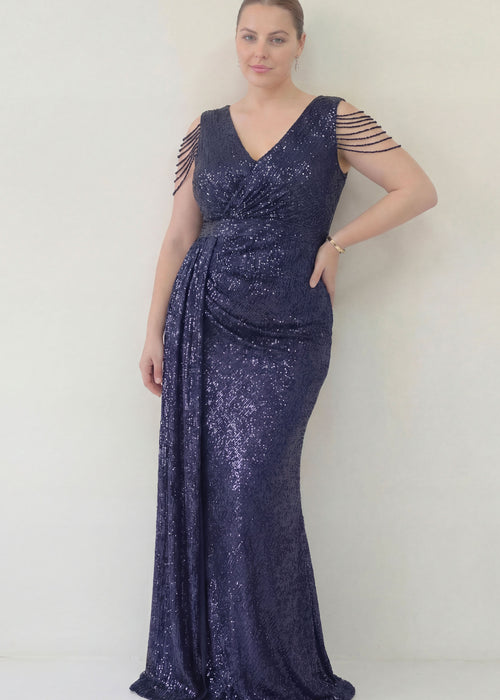 Kadın Lacivert Kuyruklu Pul Payet Büyük Beden Abiye Elbise