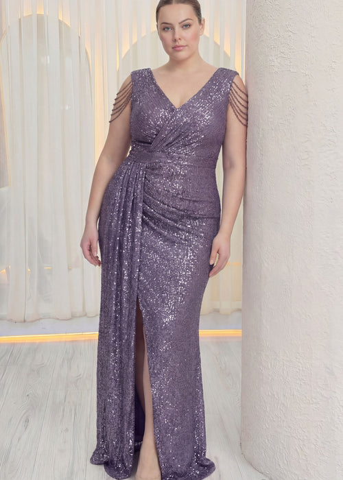 Kadın Lila Kuyruklu Pul Payet Büyük Beden Abiye Elbise