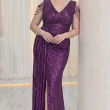 Kadın Mor Kuyruklu Pul Payet Büyük Beden Abiye Elbise