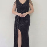 Kadın Siyah Kuyruklu Pul Payet Büyük Beden Abiye Elbise