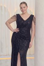 Büyük beden nedime balık payet uzun boy kolsuz siyah abiye