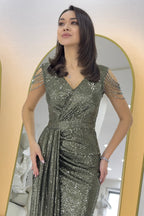 Haki Kruvaze Yaka Omuz Detay Pul Payet Büyük Beden Abiye Elbise