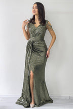 Haki Kruvaze Yaka Omuz Detay Pul Payet Büyük Beden Abiye Elbise