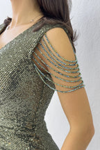 Haki Kruvaze Yaka Omuz Detay Pul Payet Büyük Beden Abiye Elbise