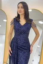 Lacivert Kruvaze Yaka Omuz Detay Pul Payet Büyük Beden Abiye Elbise