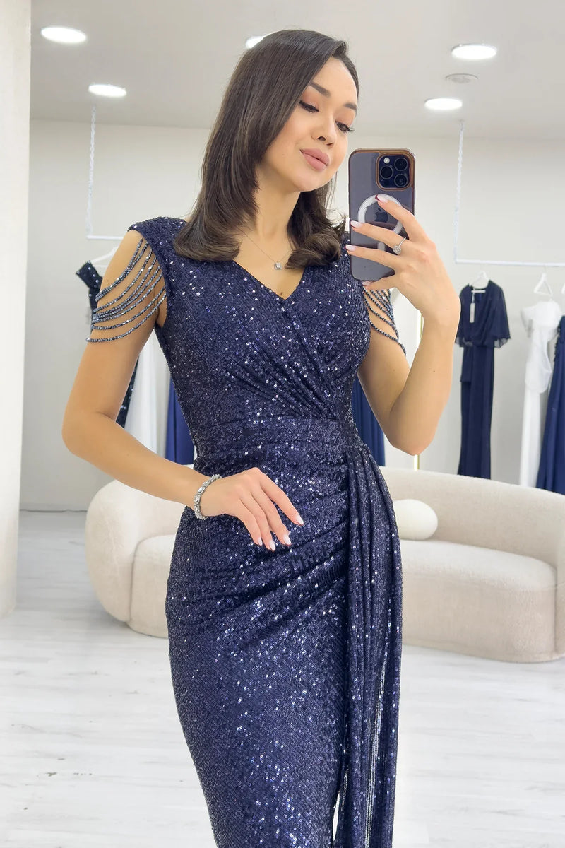 Lacivert Kruvaze Yaka Omuz Detay Pul Payet Büyük Beden Abiye Elbise