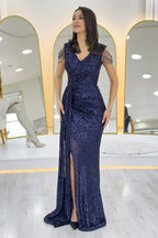 Lacivert Kruvaze Yaka Omuz Detay Pul Payet Büyük Beden Abiye Elbise