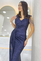 Lacivert Kruvaze Yaka Omuz Detay Pul Payet Büyük Beden Abiye Elbise