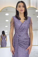 Lila Kruvaze Yaka Omuz Detay Pul Payet Büyük Beden Abiye Elbise 