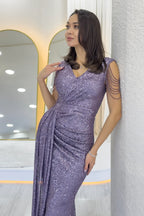 Lila Kruvaze Yaka Omuz Detay Pul Payet Büyük Beden Abiye Elbise 