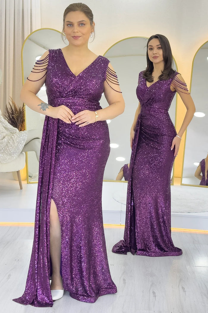 Mor Kruvaze Yaka Omuz Detay Pul Payet Büyük Beden Abiye Elbise 