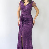 Mor Kruvaze Yaka Omuz Detay Pul Payet Büyük Beden Abiye Elbise