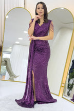 Mor Kruvaze Yaka Omuz Detay Pul Payet Büyük Beden Abiye Elbise 