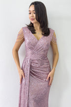 Pudra Kruvaze Yaka Omuz Detay Pul Payet Büyük Beden Abiye Elbise 