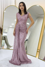 Pudra Kruvaze Yaka Omuz Detay Pul Payet Büyük Beden Abiye Elbise 