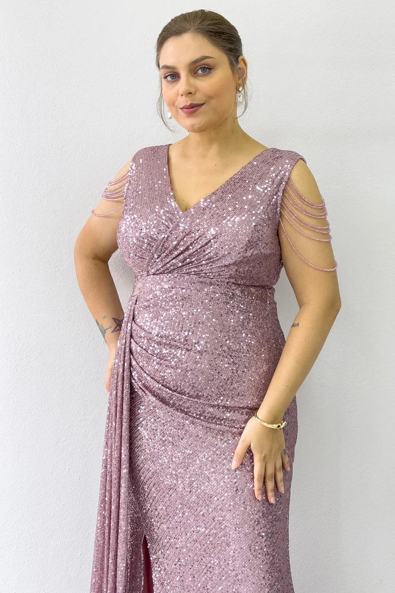 Pudra Kruvaze Yaka Omuz Detay Pul Payet Büyük Beden Abiye Elbise 