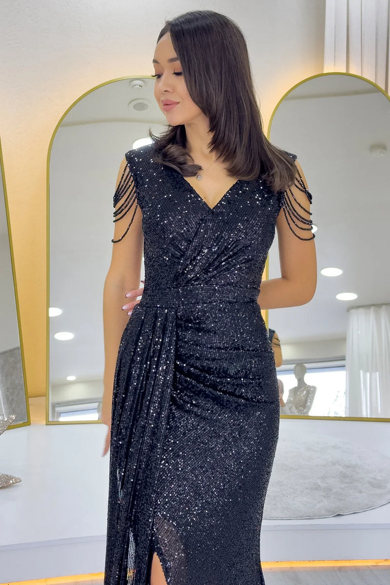 Siyah Kruvaze Yaka Omuz Detay Pul Payet Büyük Beden Abiye Elbise