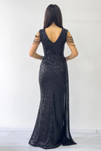 Siyah Kruvaze Yaka Omuz Detay Pul Payet Büyük Beden Abiye Elbise