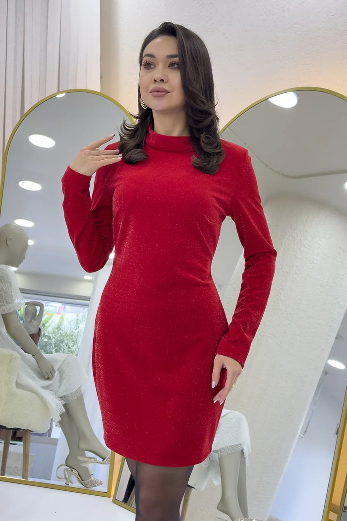 Kırmızı Dik Yaka Simli Uzun Kollu Kısa Elbise 