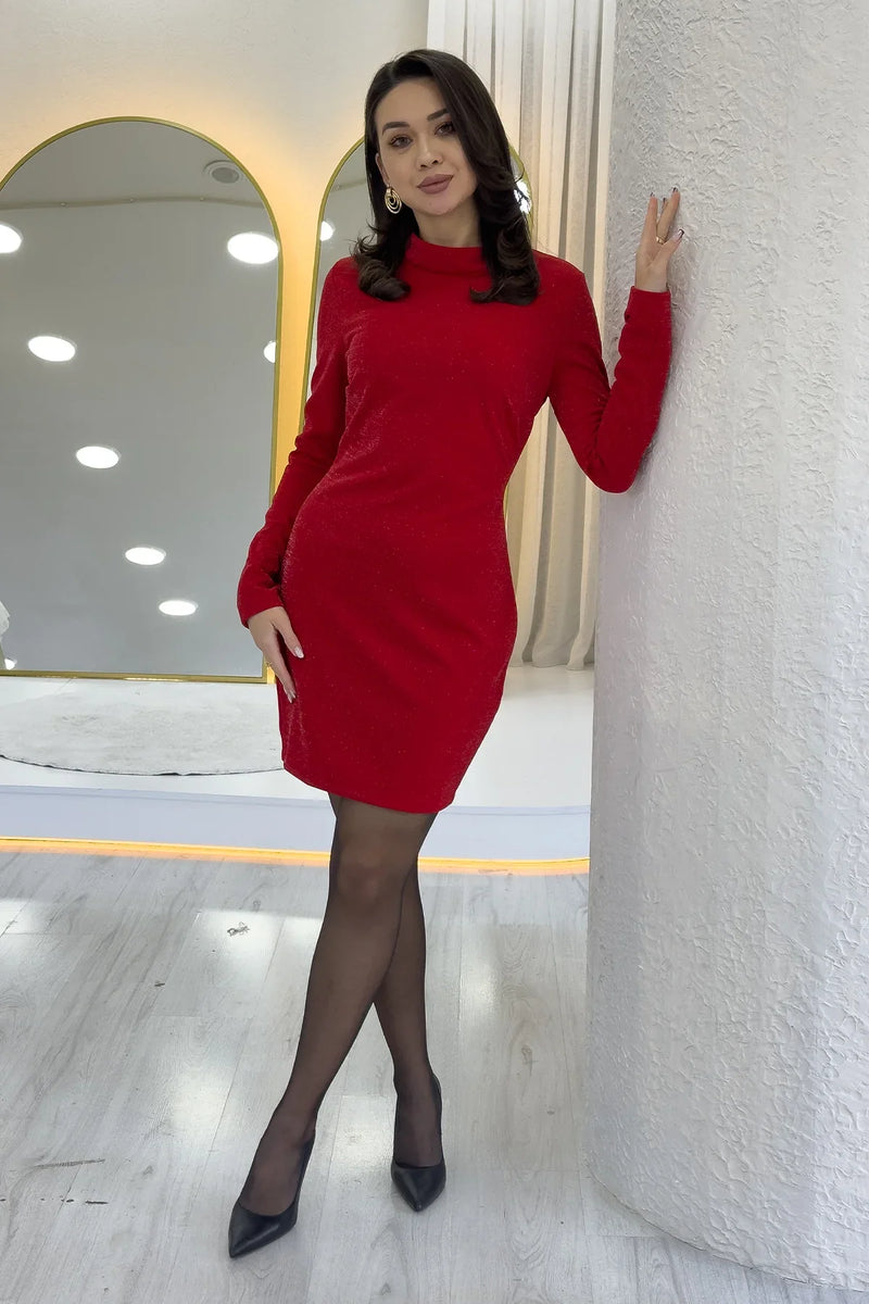 Kırmızı Dik Yaka Simli Uzun Kollu Kısa Elbise 