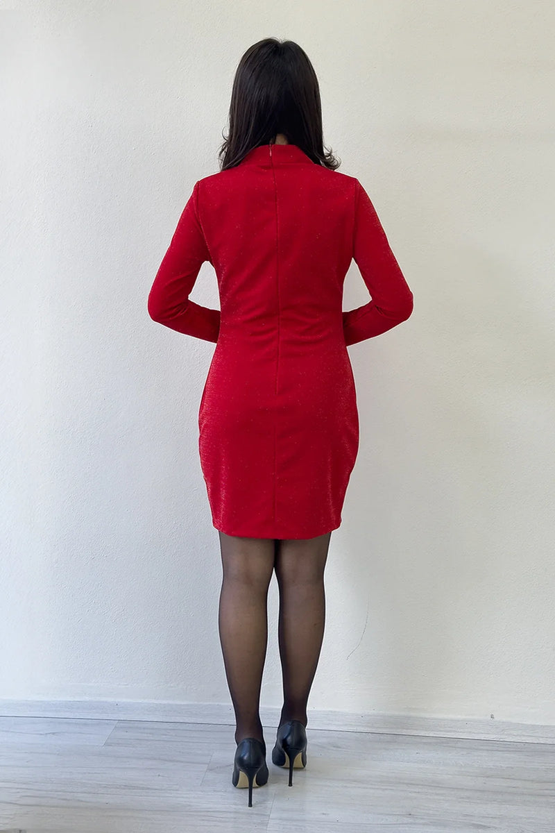 Kırmızı Dik Yaka Simli Uzun Kollu Kısa Elbise 