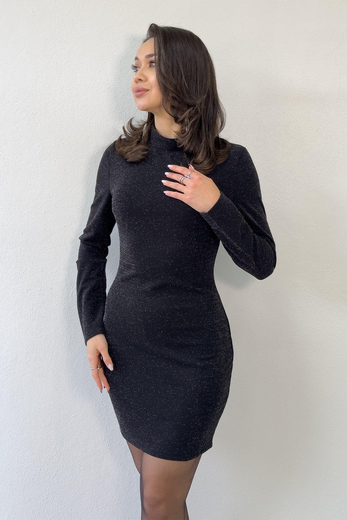 Siyah Dik Yaka Simli Uzun Kollu Kısa Elbise