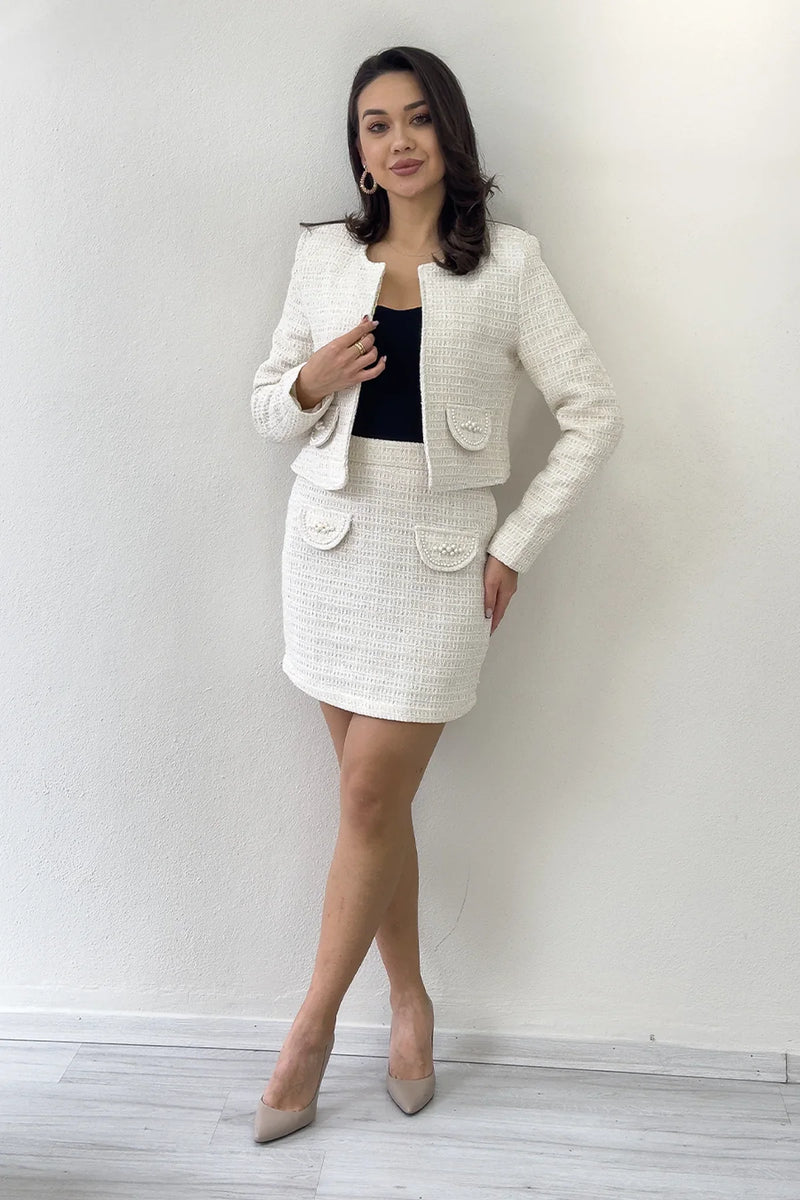 Ekru İnci Detaylı Ceket Etek İkili Takım 