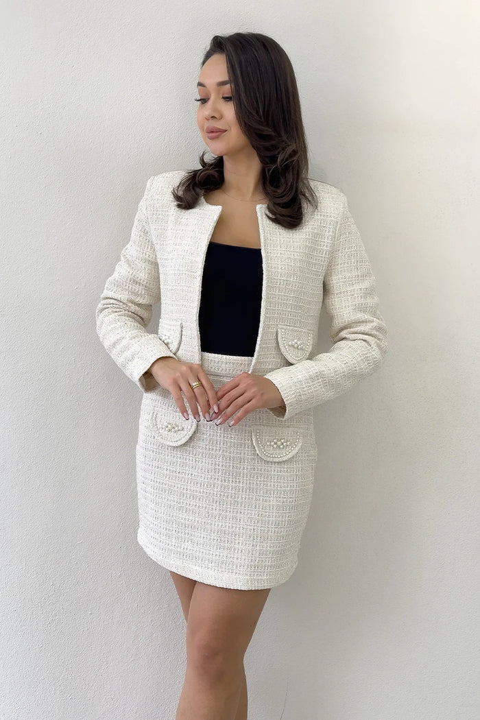 Ekru İnci Detaylı Ceket Etek İkili Takım 