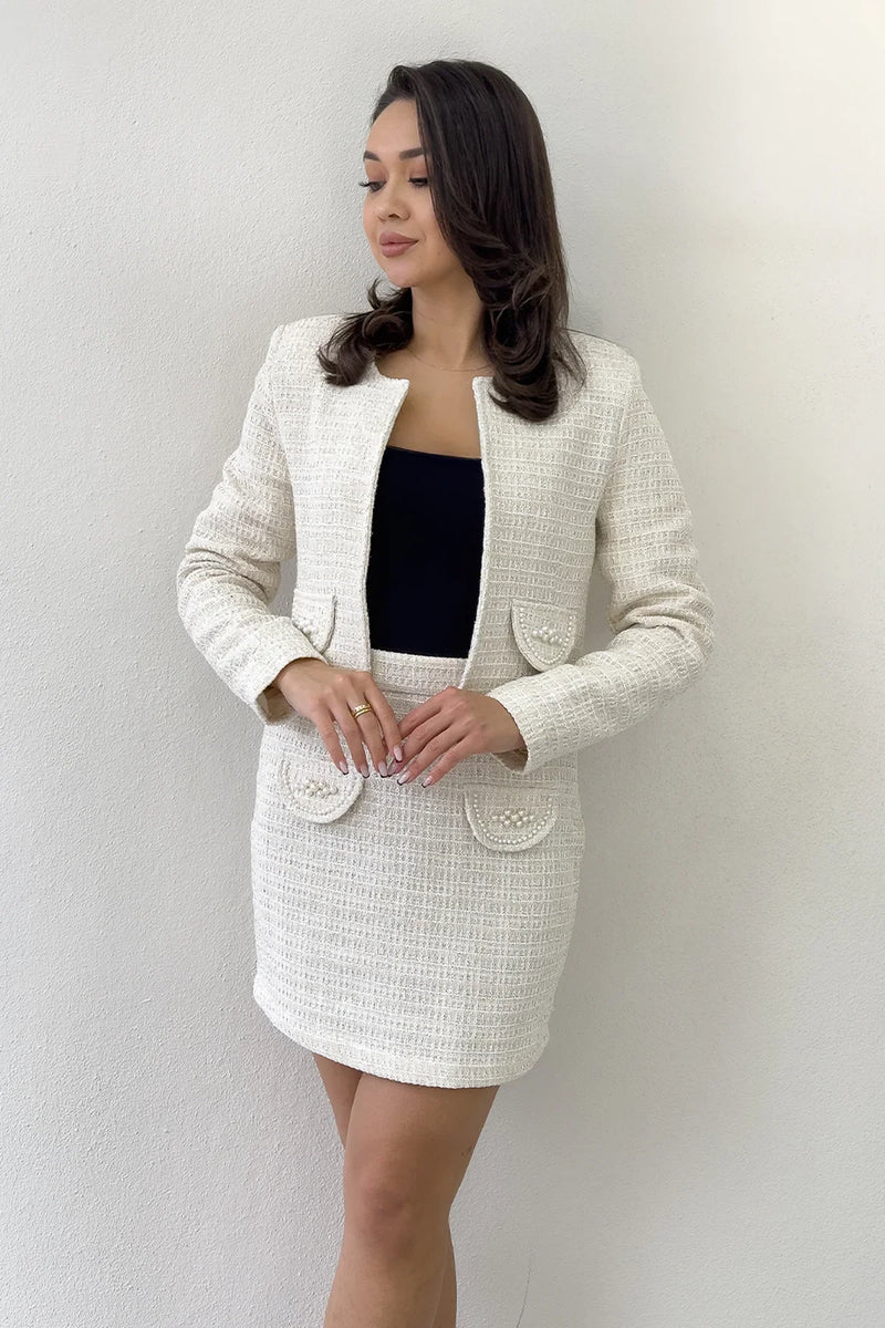 Ekru İnci Detaylı Ceket Etek İkili Takım 
