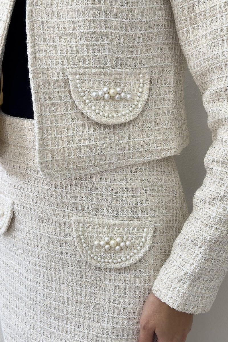 Ekru İnci Detaylı Ceket Etek İkili Takım 