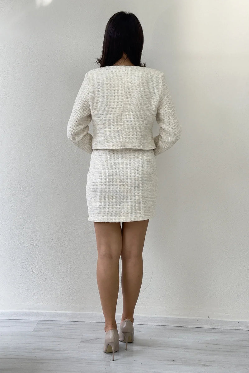 Ekru İnci Detaylı Ceket Etek İkili Takım 