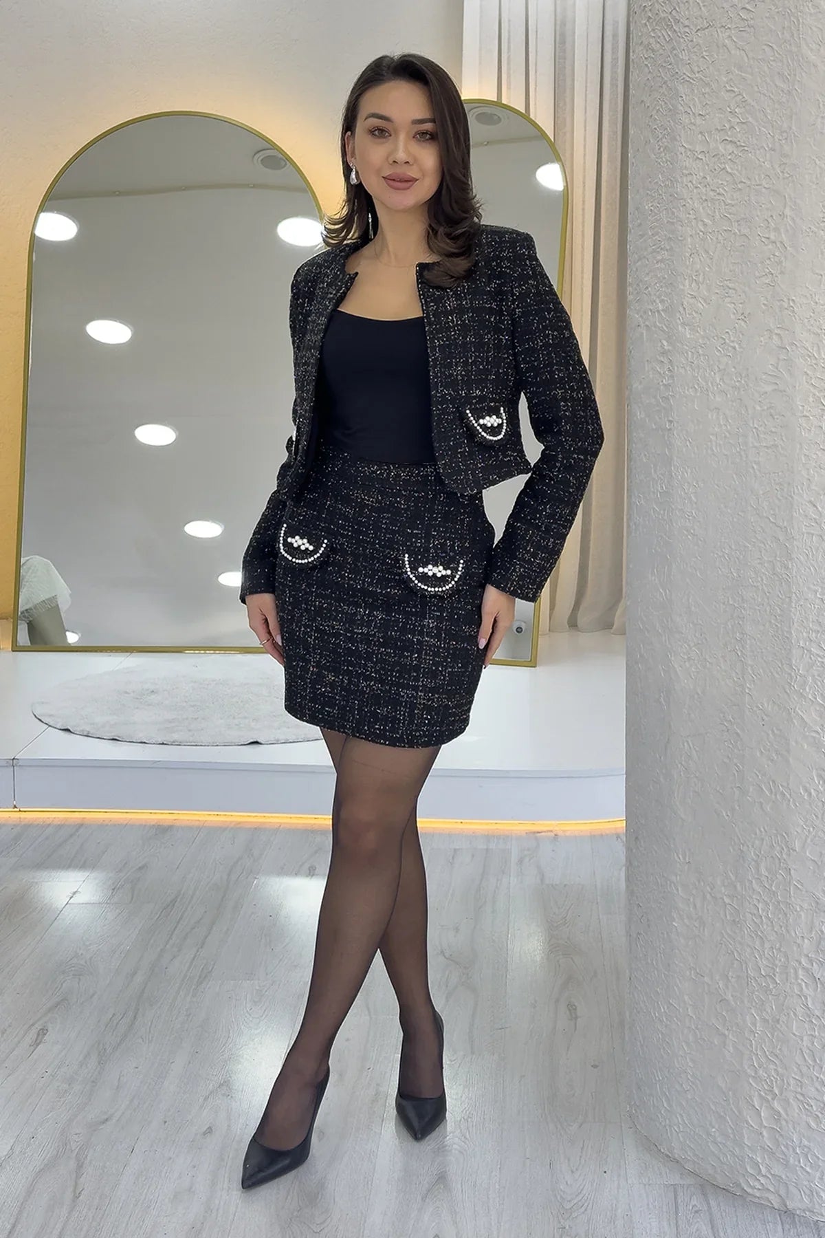 Siyah İnci Detaylı Ceket Etek İkili Takım 