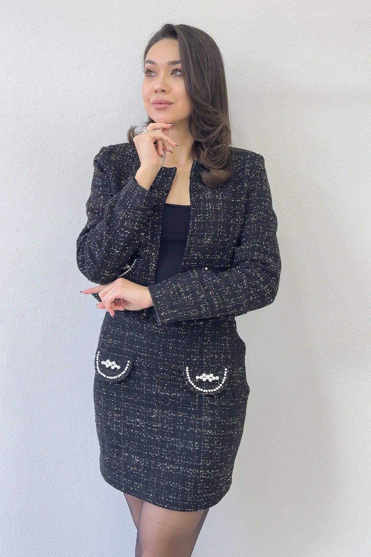 Siyah İnci Detaylı Ceket Etek İkili Takım 