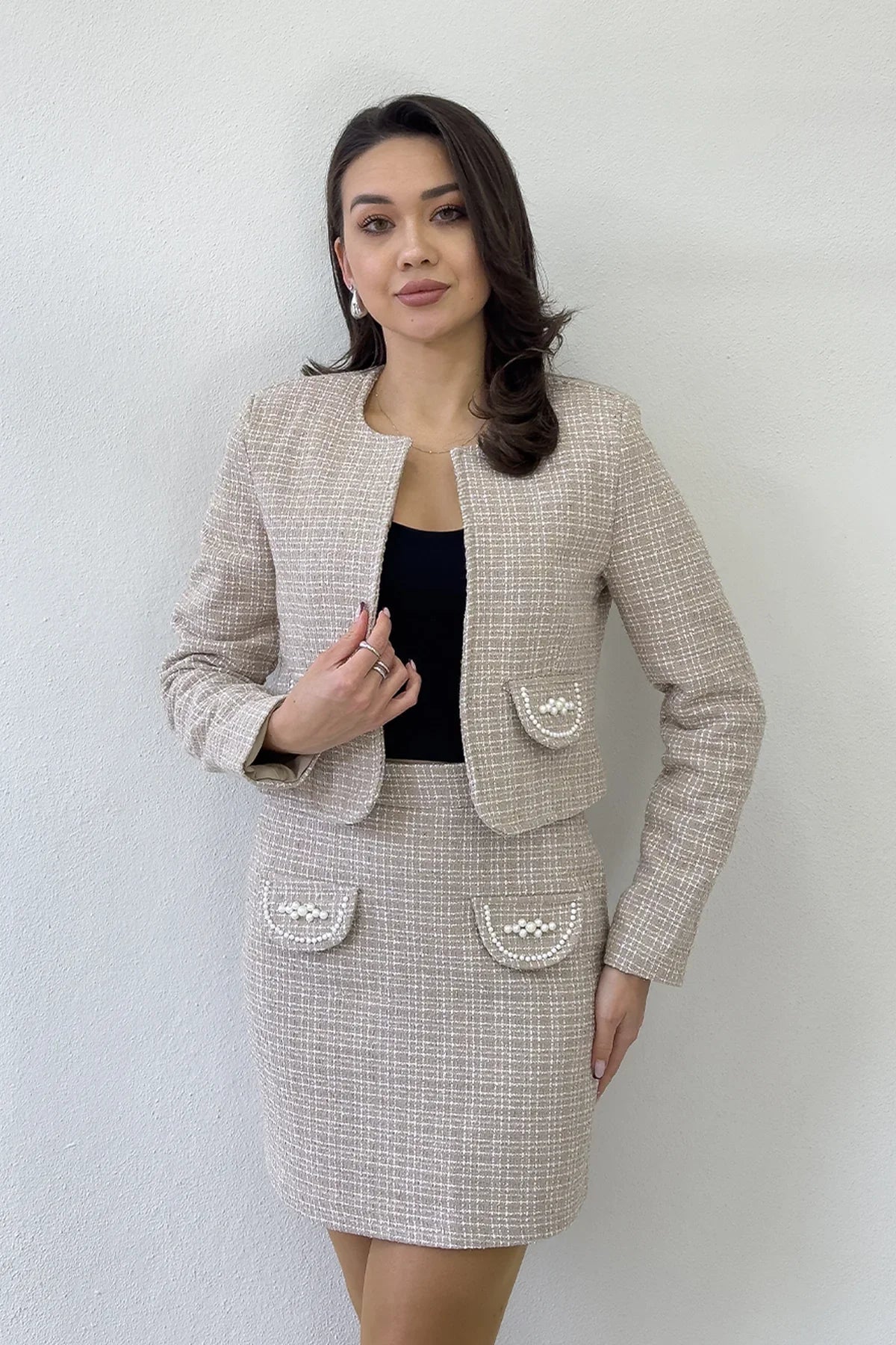 Vizon İnci Detaylı Ceket Etek İkili Takım 