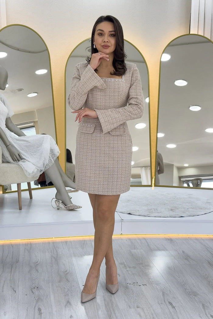 Vizon Kare Yaka Taş İşlemeli Tüvit Elbise