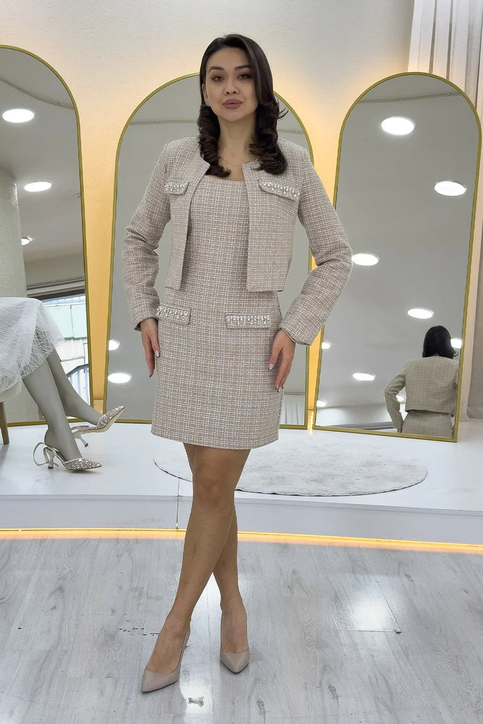 Vizon Taş Detaylı Ceket Elbise Tüvit İkili Takım