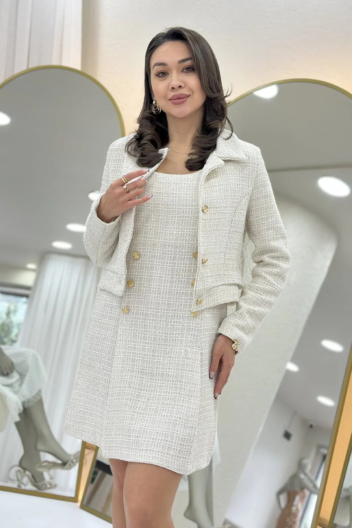 Kadın Ekru Düğme Detaylı Ceket Elbise İkili Takım