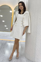 Kadın Ekru Düğme Detaylı Ceket Elbise İkili Takım