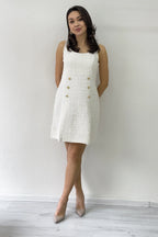 Kadın Ekru Düğme Detaylı Ceket Elbise İkili Takım