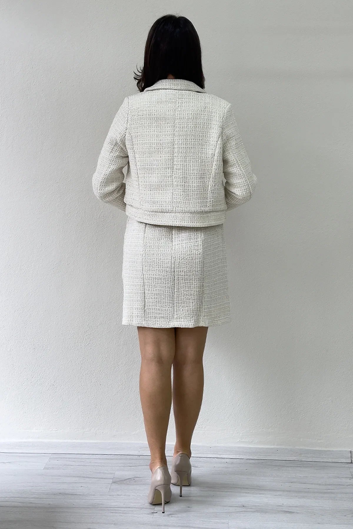 Kadın Ekru Düğme Detaylı Ceket Elbise İkili Takım