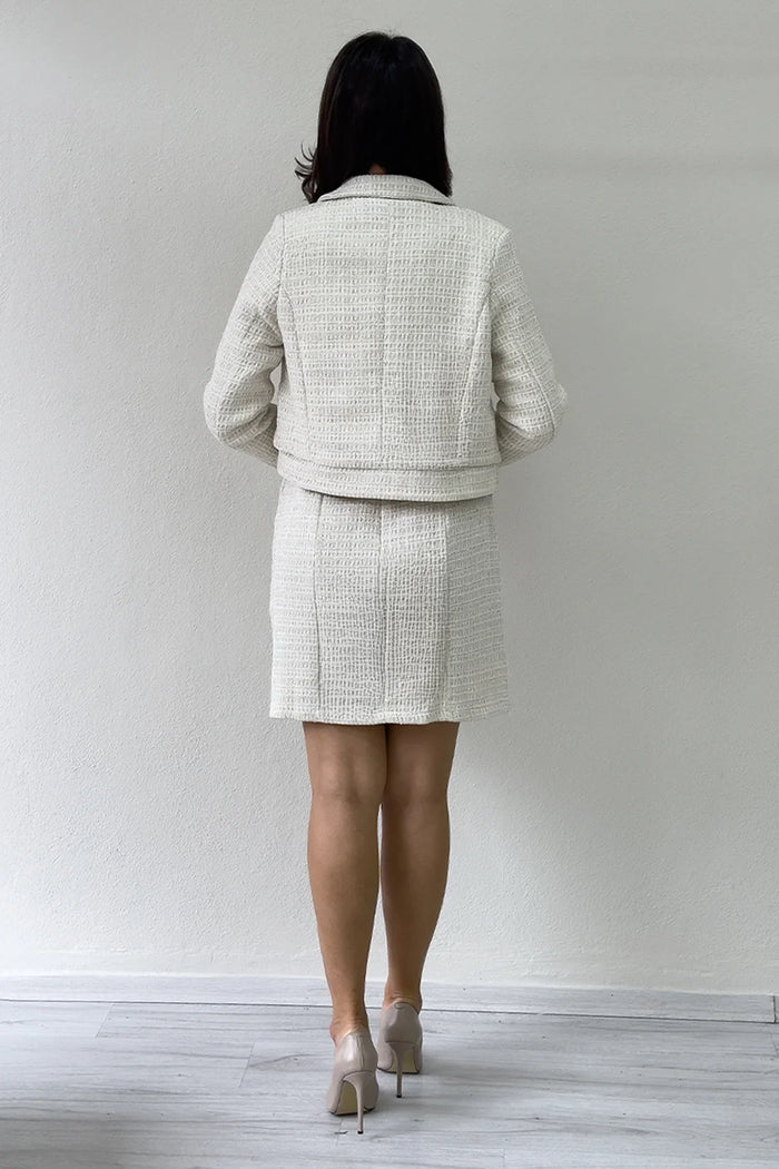 Kadın Ekru Düğme Detaylı Ceket Elbise İkili Takım
