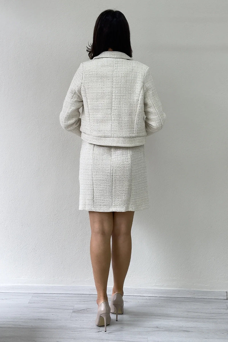 Kadın Ekru Düğme Detaylı Ceket Elbise İkili Takım