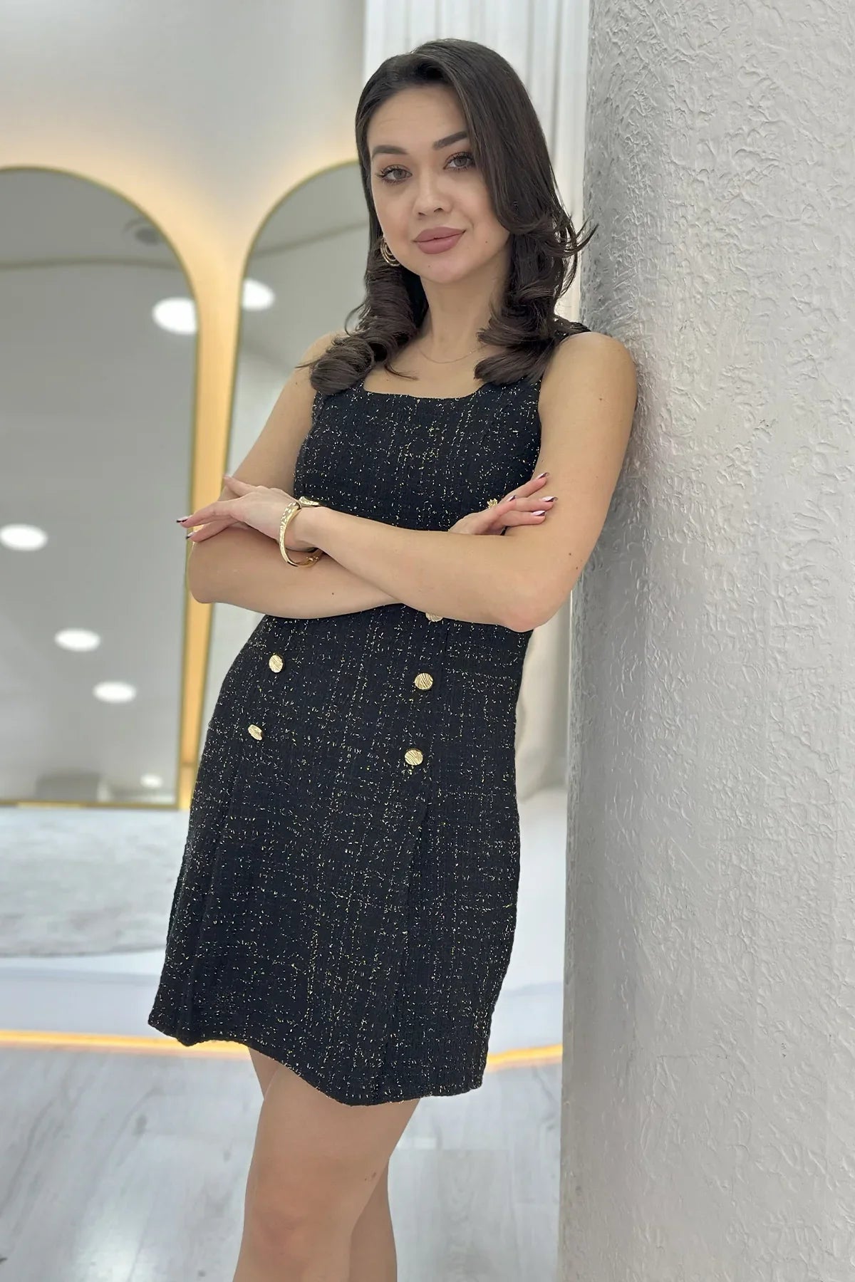 Kadın Siyah Düğme Detaylı Ceket Elbise Tüvit İkili Takım