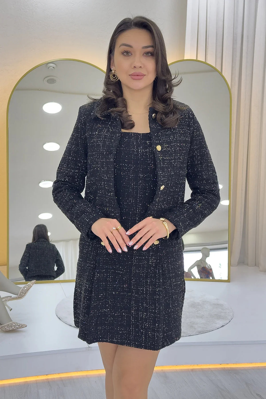 Kadın Siyah Düğme Detaylı Ceket Elbise Tüvit İkili Takım