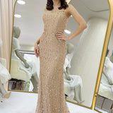 Gold Straplez Taş İşlemeli Uzun Abiye Elbise