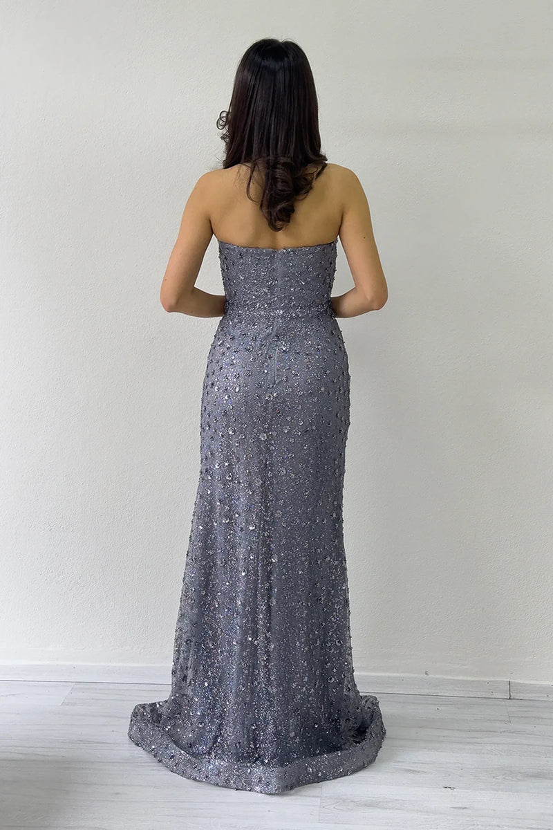 Gri Straplez Taş İşlemeli Uzun Abiye Elbise 