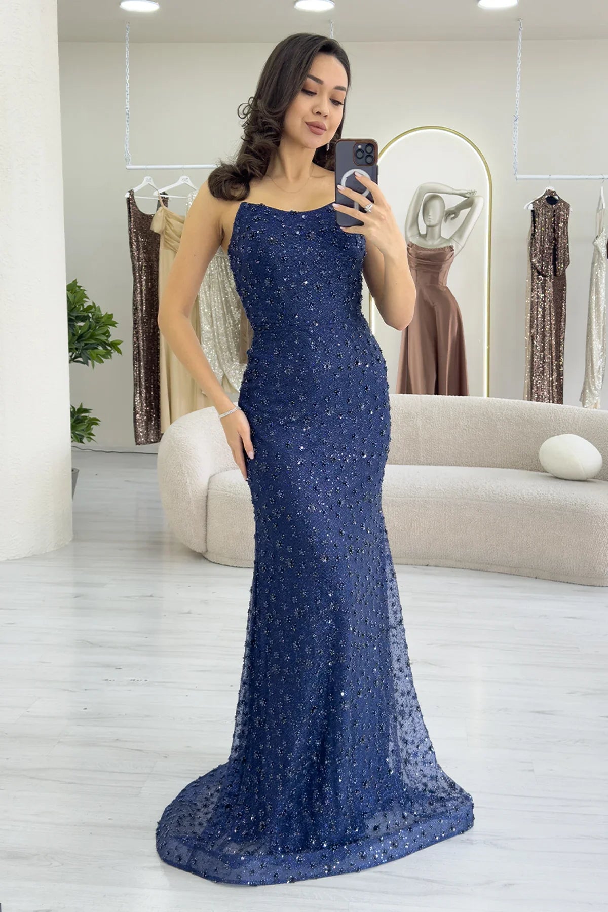 Lacivert Straplez Taş İşlemeli Uzun Abiye Elbise