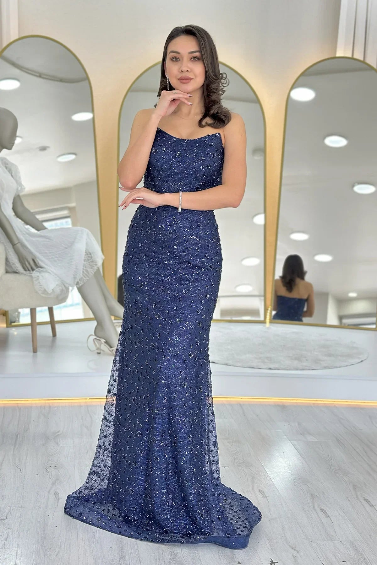 Lacivert Straplez Taş İşlemeli Uzun Abiye Elbise