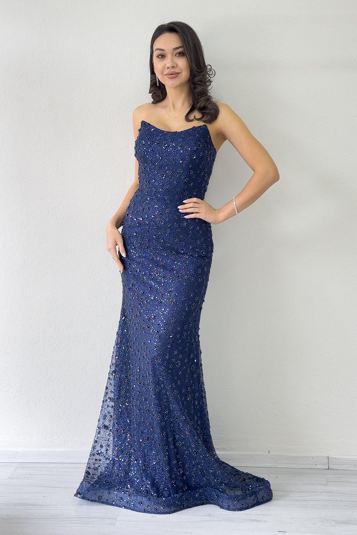 Lacivert Straplez Taş İşlemeli Uzun Abiye Elbise