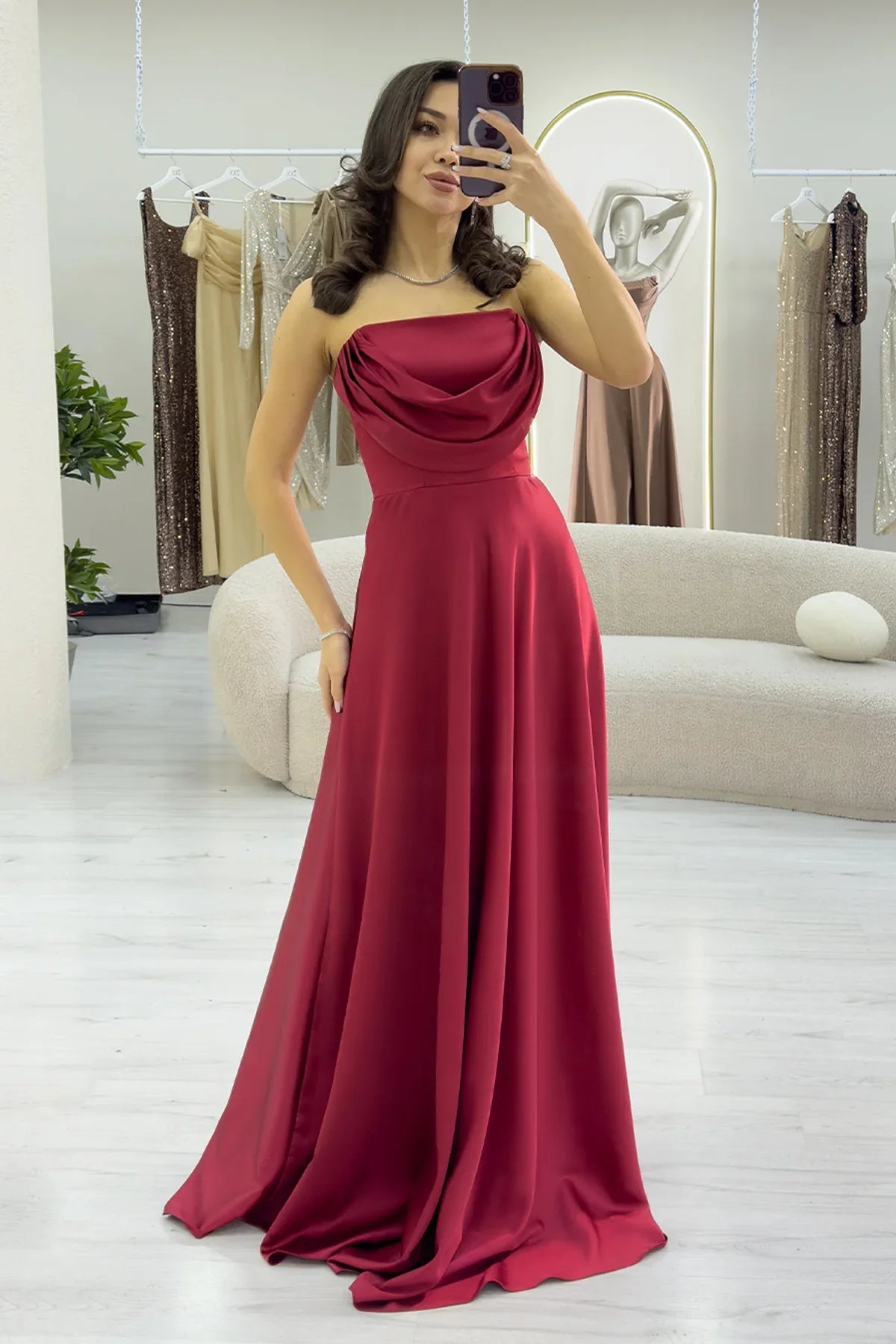 Bordo Straplez Saten Uzun Abiye Elbise 